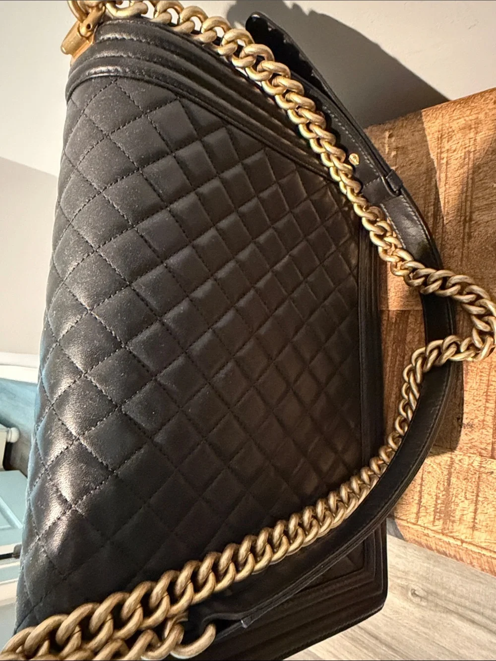 CHANEL Black Quilted Boy Flap Bag with Gold Hardware